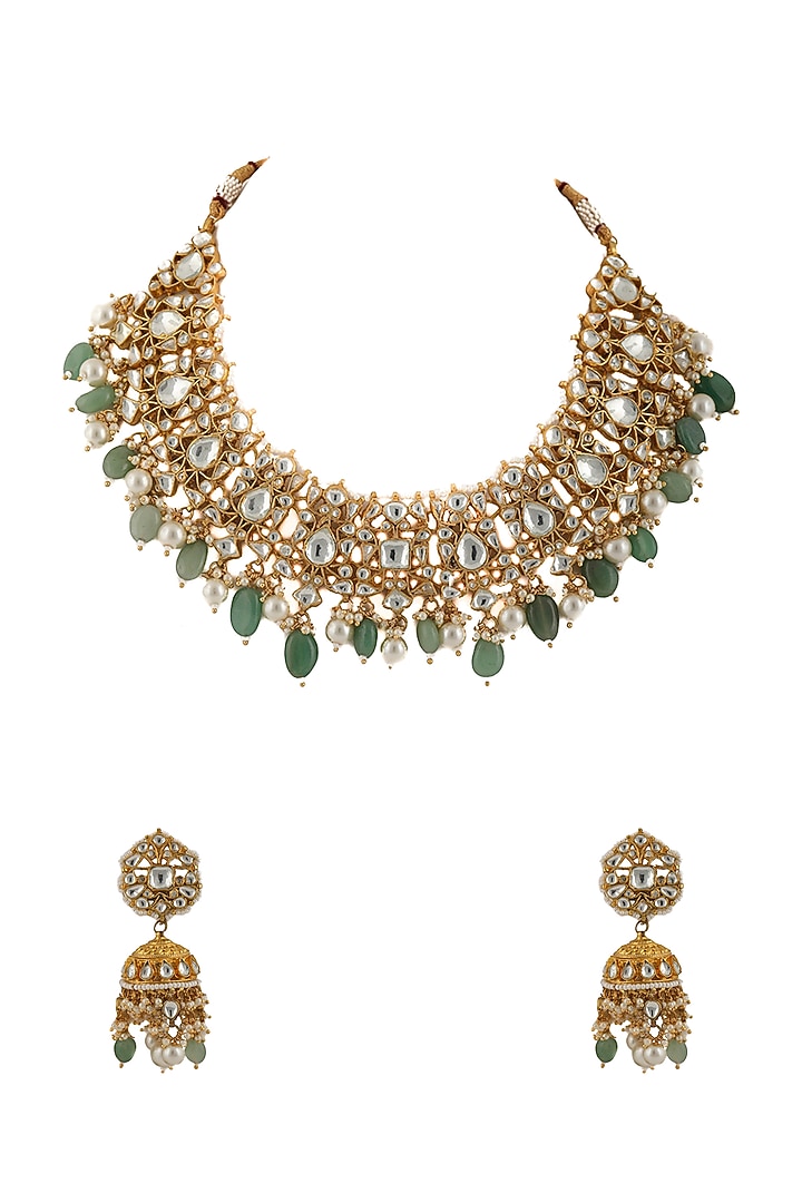 Gold Plated Sea Green Beads Necklace Set by Riana Jewellery at Pernia's Pop Up Shop