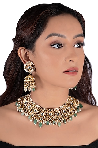 Gold Plated Sea Green Beads Necklace Set by Riana Jewellery