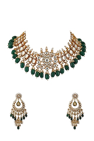 Gold Plated Green Beads Necklace Set by Riana Jewellery
