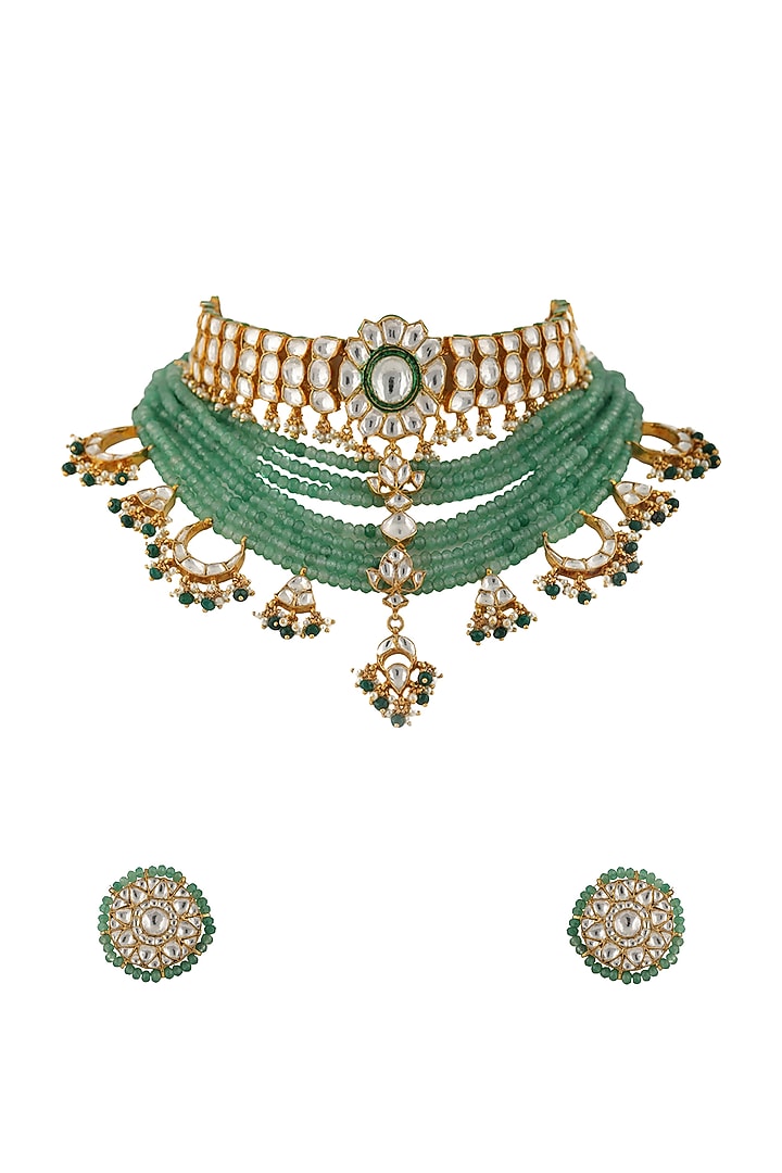 Gold Plated White Stones & Sea Green Beads Necklace Set by Riana Jewellery at Pernia's Pop Up Shop