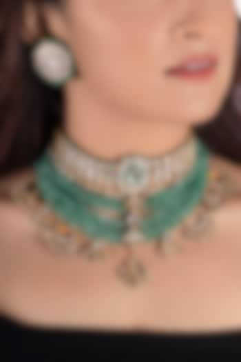 Gold Plated White Stones & Sea Green Beads Necklace Set by Riana Jewellery