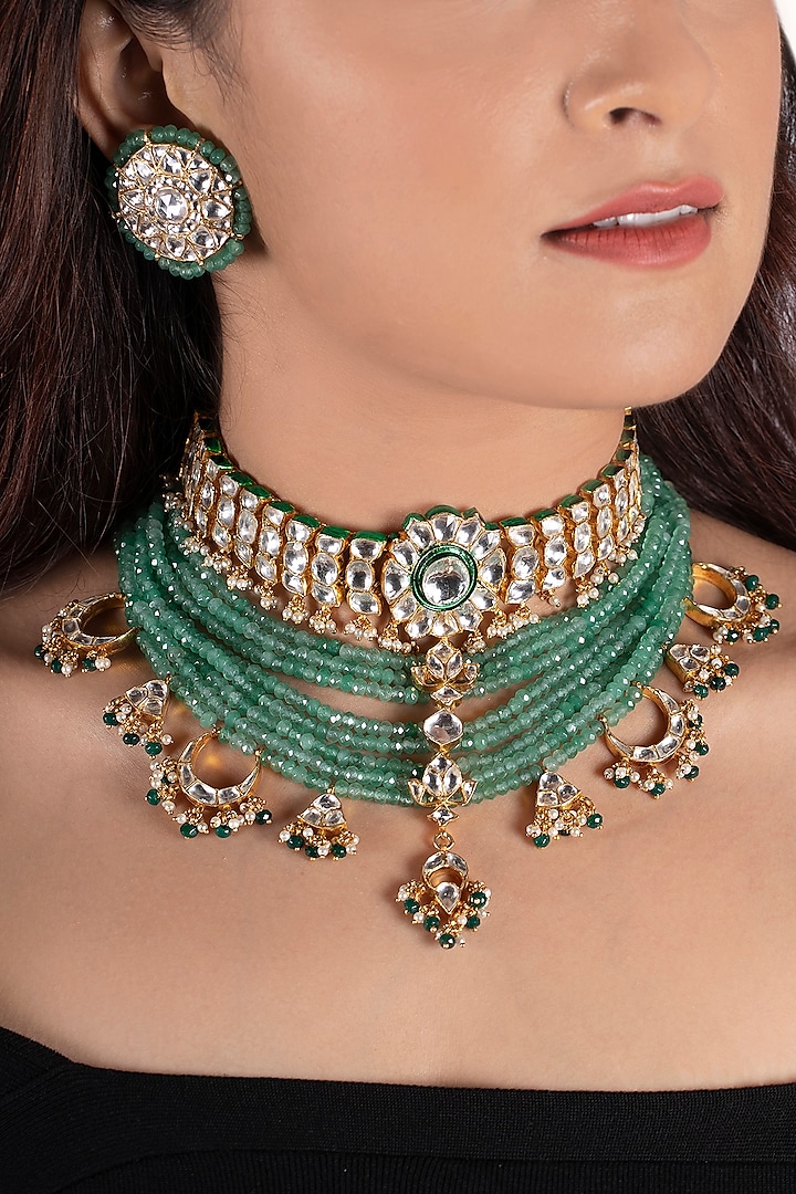 Gold Plated White Stones & Sea Green Beads Necklace Set by Riana Jewellery