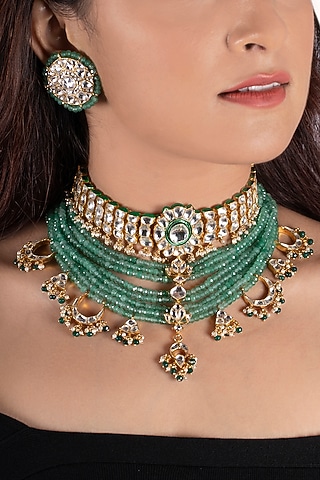 Gold Plated White Stones & Sea Green Beads Necklace Set by Riana Jewellery