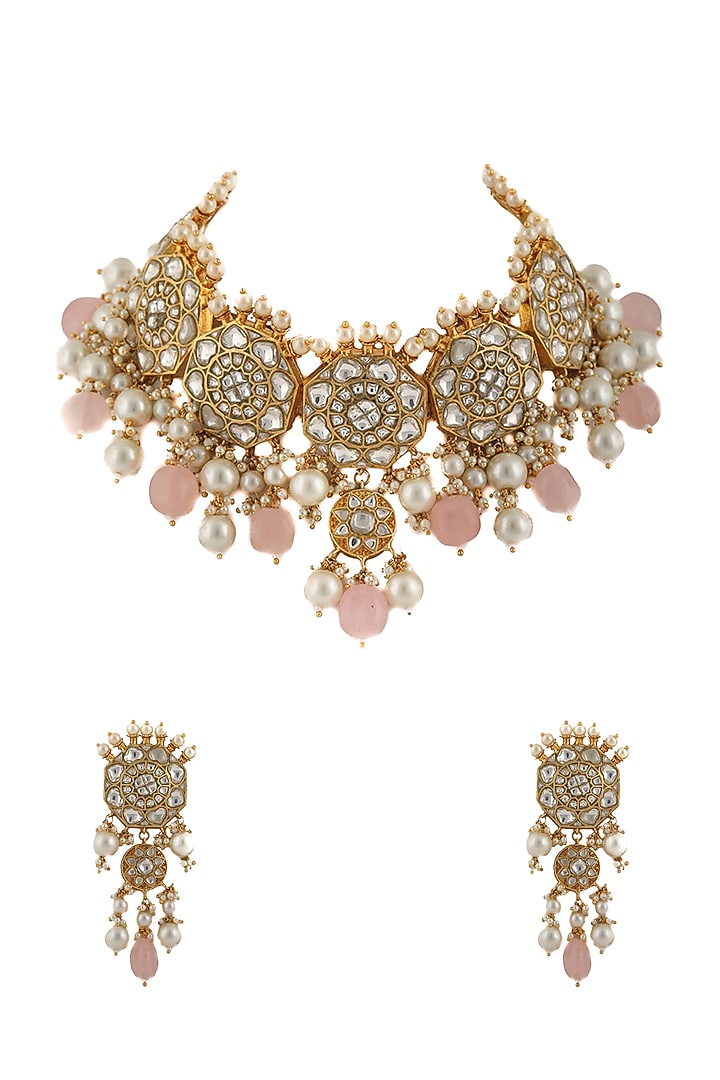 Gold Plated White Stones & Pink Beads Necklace Set by Riana Jewellery at Pernia's Pop Up Shop