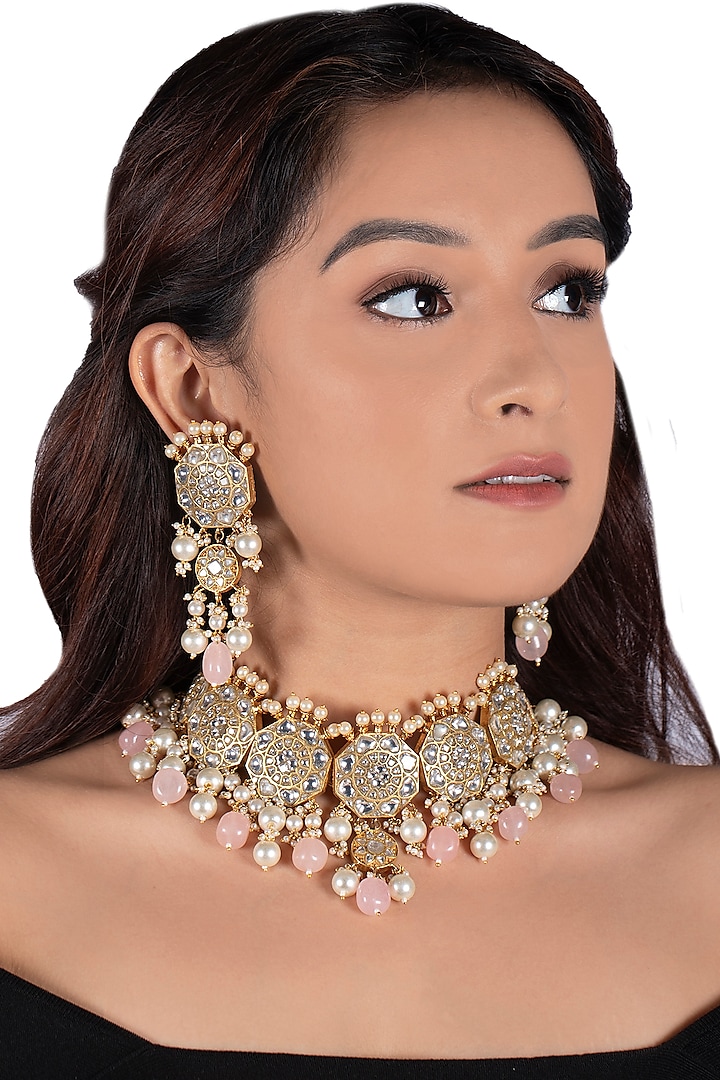 Gold Plated White Stones & Pink Beads Necklace Set by Riana Jewellery