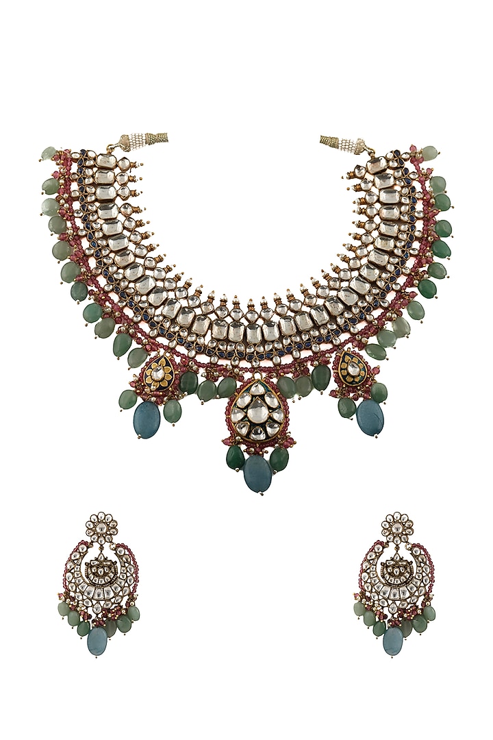 Gold Plated Blue & Sea Green Beads Necklace Set by Riana Jewellery at Pernia's Pop Up Shop