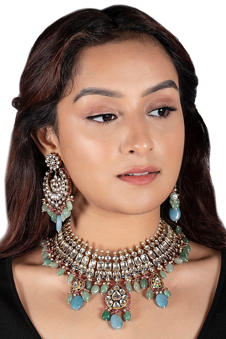 Gold Plated Blue & Sea Green Beads Necklace Set by Riana Jewellery