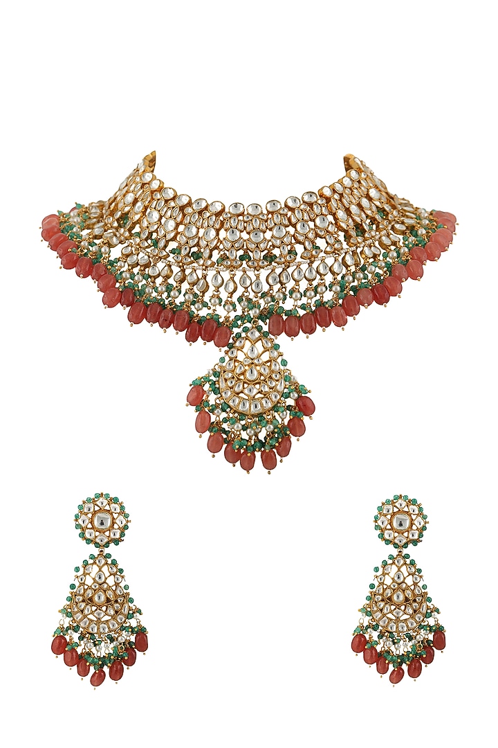 Gold Plated White Stones Bridal Necklace Set by Riana Jewellery at Pernia's Pop Up Shop