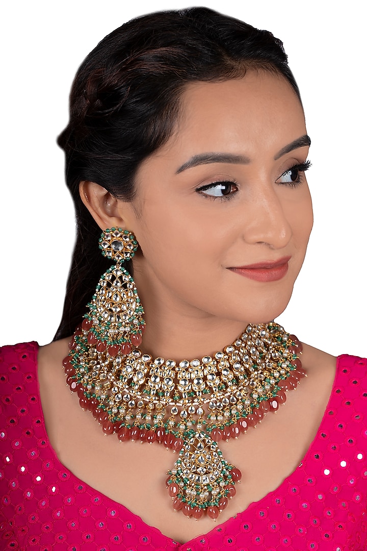 Gold Plated White Stones Bridal Necklace Set by Riana Jewellery