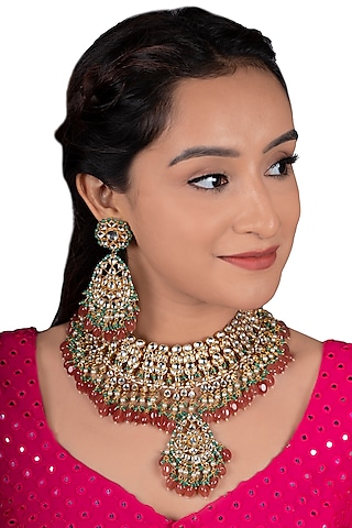 Gold Plated White Stones Bridal Necklace Set by Riana Jewellery