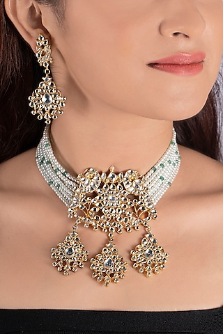 Gold Plated Jadtar Choker Necklace Set by Riana Jewellery