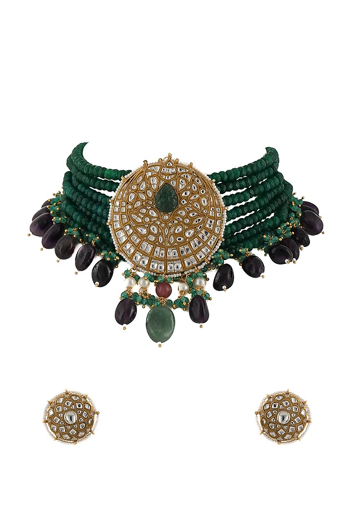 Gold Plated Green Beads Jadtar Necklace Set by Riana Jewellery at Pernia's Pop Up Shop
