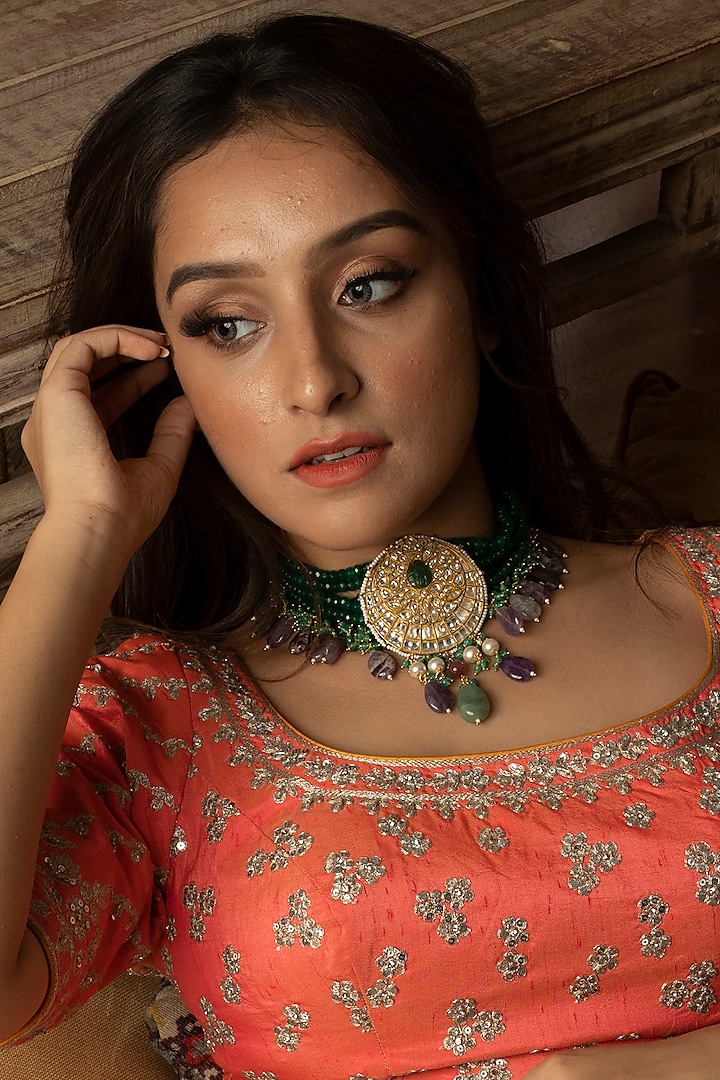Gold Plated Green Beads Jadtar Necklace Set by Riana Jewellery