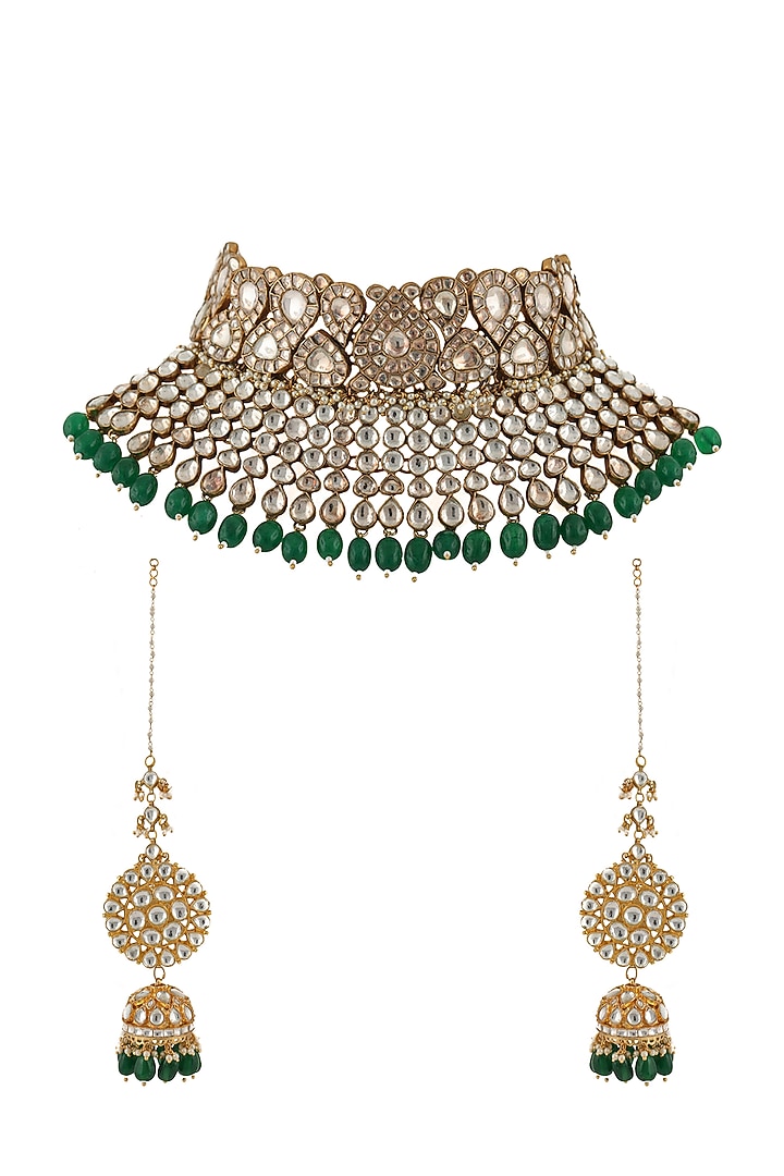Gold Plated Green Beads Necklace Set by Riana Jewellery at Pernia's Pop Up Shop