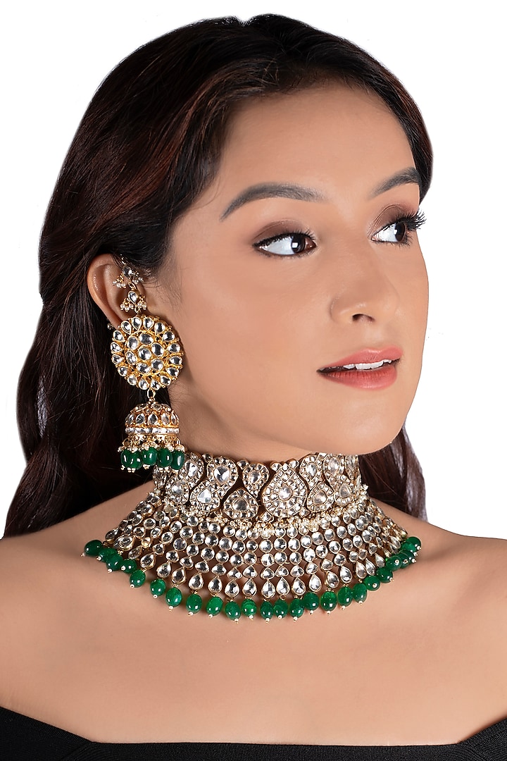 Gold Plated Green Beads Necklace Set by Riana Jewellery