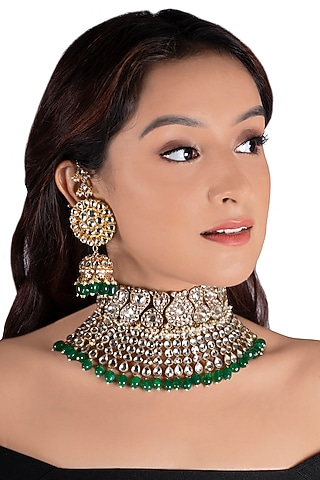 Gold Plated Green Beads Necklace Set by Riana Jewellery