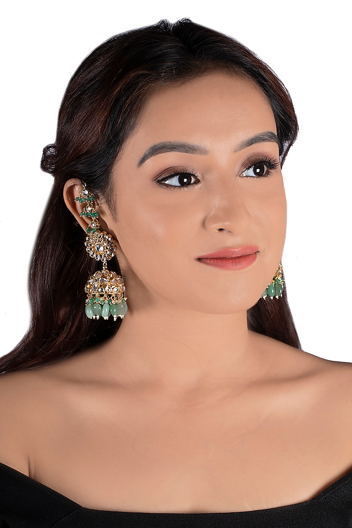 Gold Plated Sea Green Bead Jhumka Earrings by Riana Jewellery