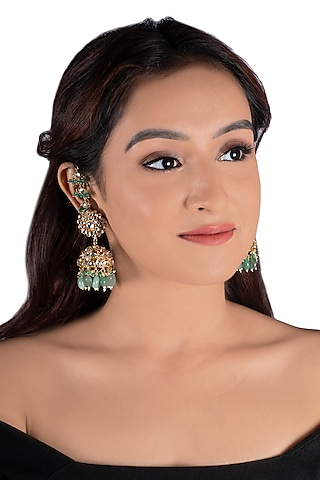 Gold Plated Sea Green Bead Jhumka Earrings by Riana Jewellery