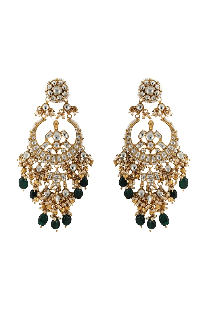 Gold Plated Jadtar & Pearls Chandbali Earrings by Riana Jewellery at Pernia's Pop Up Shop