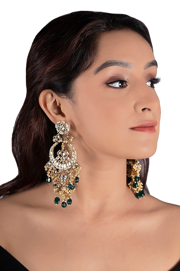 Gold Plated Jadtar & Pearls Chandbali Earrings by Riana Jewellery