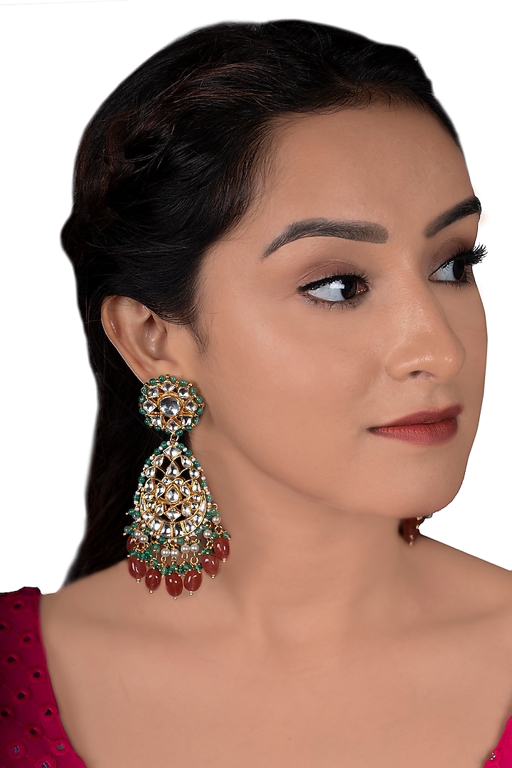 Gold Plated Pink Beads Earrings by Riana Jewellery