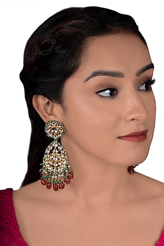 Gold Plated Pink Beads Earrings by Riana Jewellery