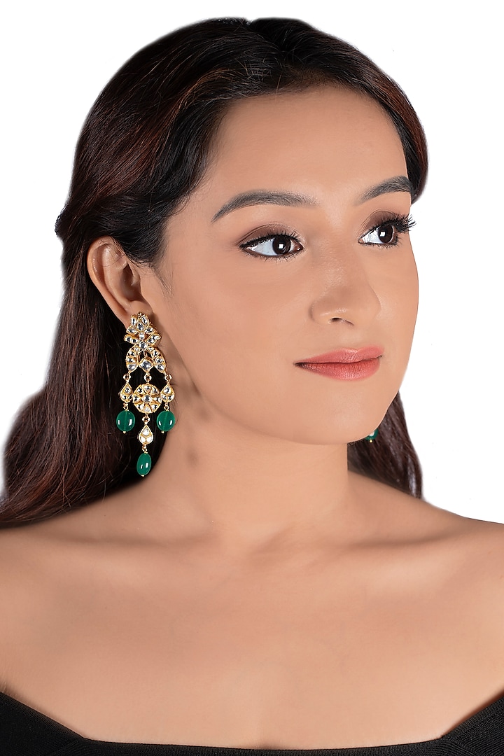 Gold Plated Jadtar Green Bead Earrings by Riana Jewellery