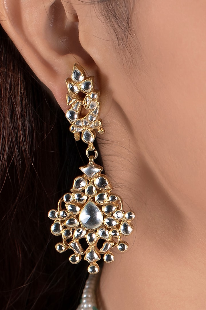 Gold Plated White Jadtar Earrings by Riana Jewellery
