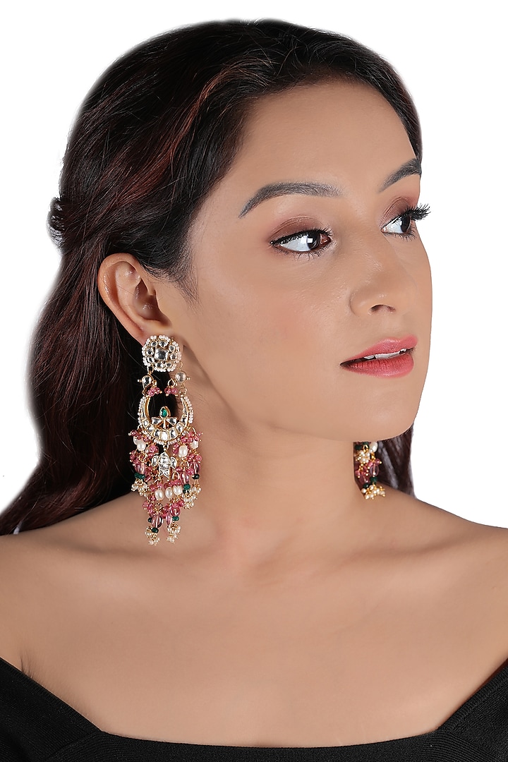 Gold Plated Pink & Green Bead Earrings by Riana Jewellery