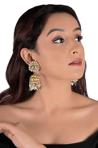 Gold Plated Sea Green Bead Earrings by Riana Jewellery