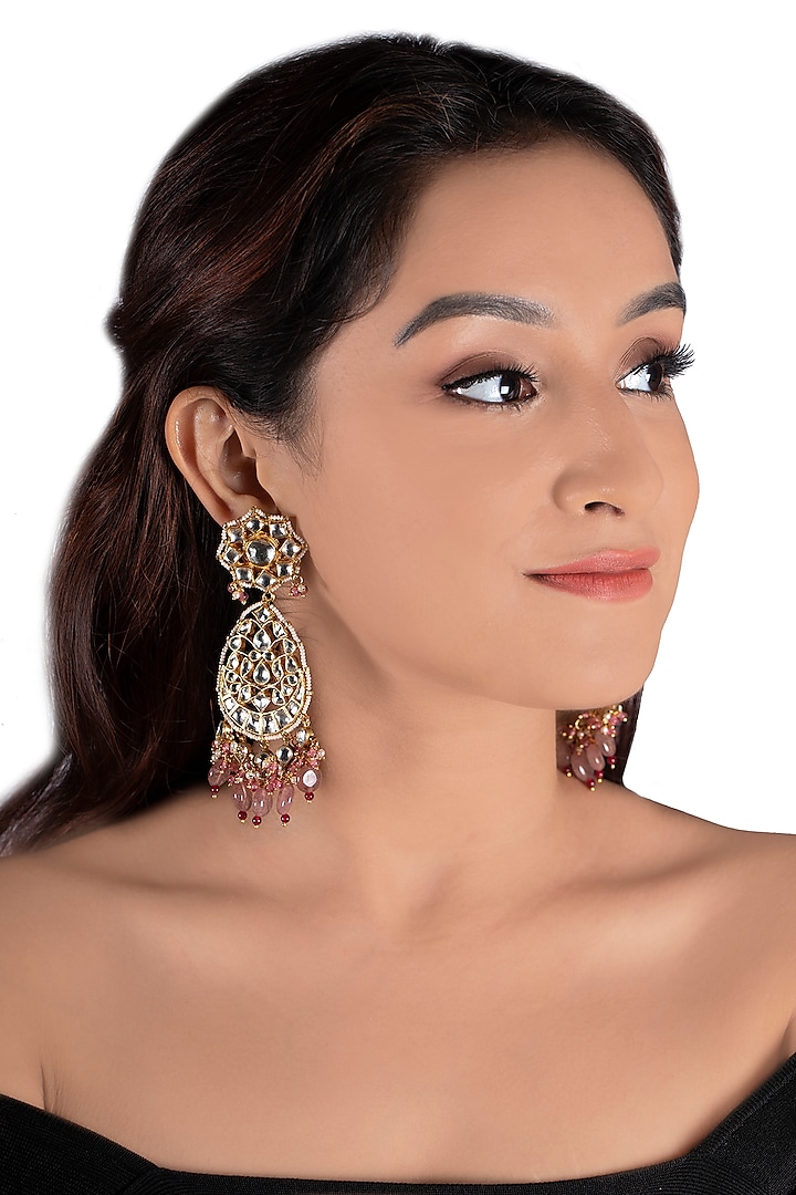 Gold Plated Pink Glass Bead Earrings by Riana Jewellery