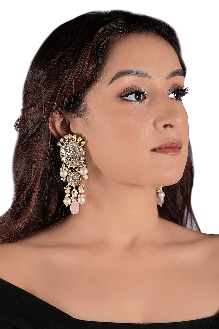 Gold Plated Jadtar Pink Bead Earrings by Riana Jewellery