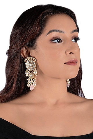 Gold Plated Jadtar Pink Bead Earrings by Riana Jewellery