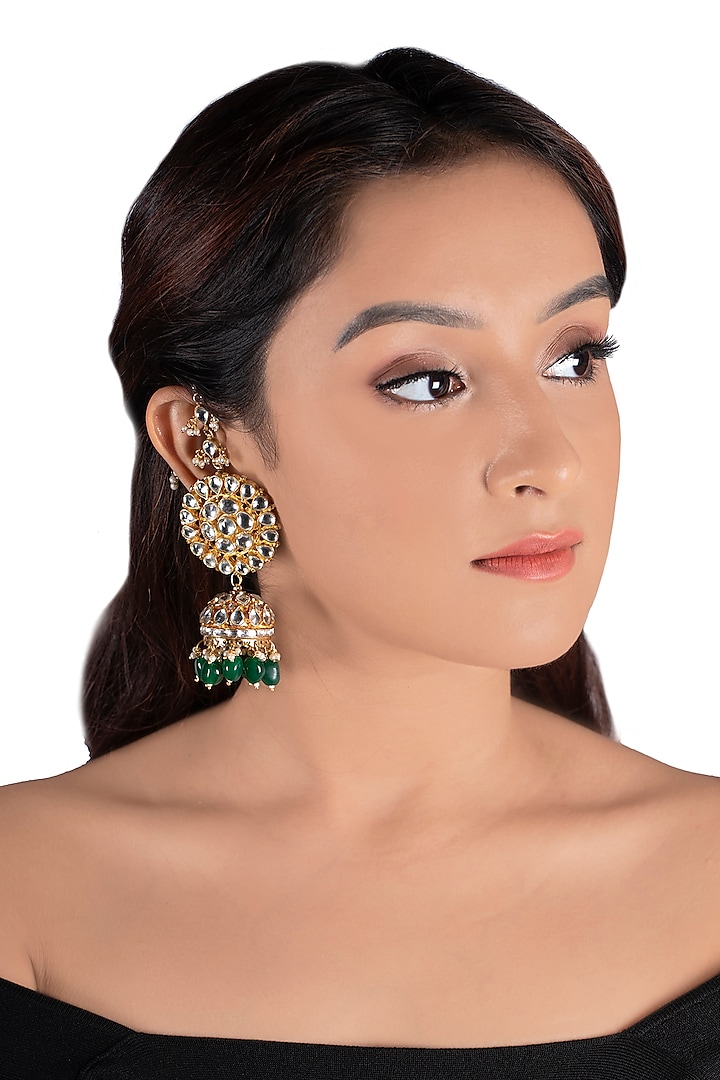Gold Plated Green Beads Jhumka Earrings by Riana Jewellery