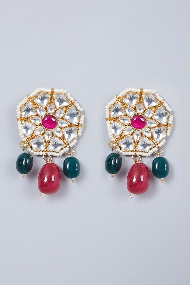 Gold Finish Kundan Polki Stud Earrings by Riana Jewellery at Pernia's Pop Up Shop