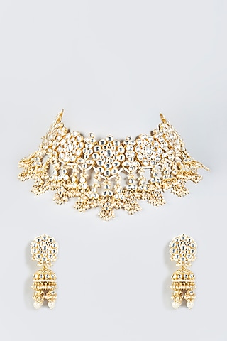 Gold Finish Choker Necklace Set by Riana Jewellery