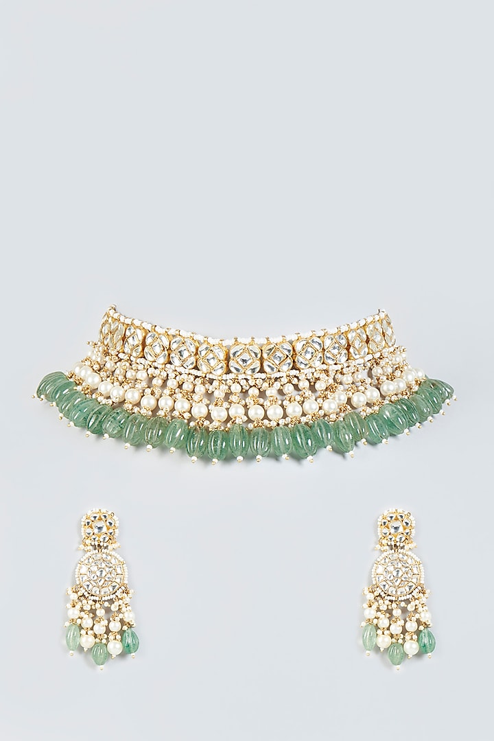 Gold Finish Beaded Choker Necklace Set by Riana Jewellery