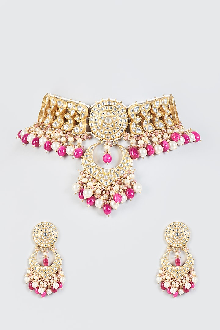 Gold Finish Necklace Set With Pink Beads by Riana Jewellery