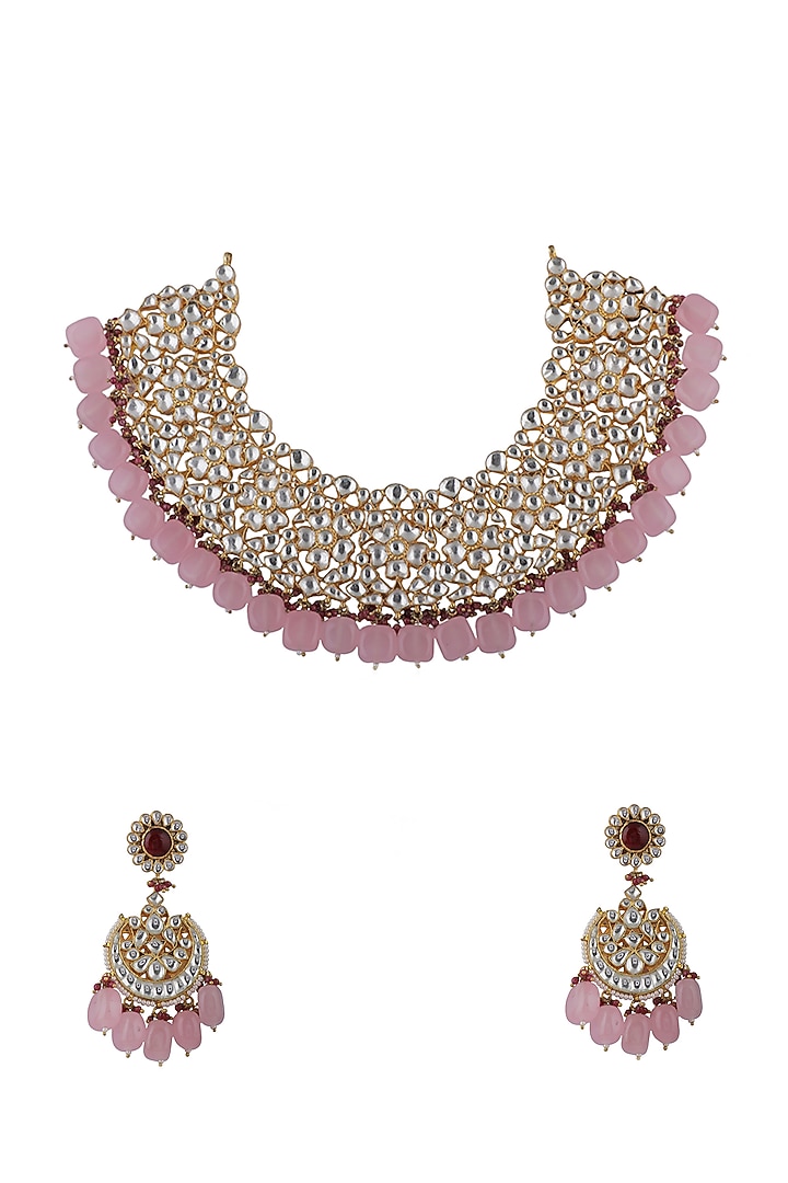 Gold Plated Light Pink Beaded & Pearl Necklace Set by Riana Jewellery at Pernia's Pop Up Shop