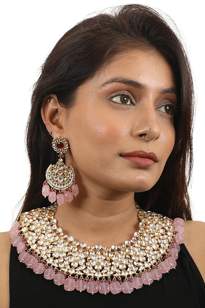 Gold Plated Light Pink Beaded & Pearl Necklace Set by Riana Jewellery at Pernia's Pop Up Shop