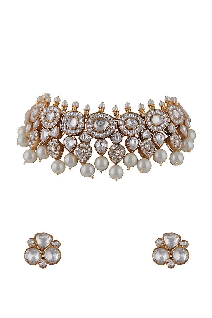 Gold Plated Pearl & Jadtar Stone Choker Necklace Set by Riana Jewellery at Pernia's Pop Up Shop