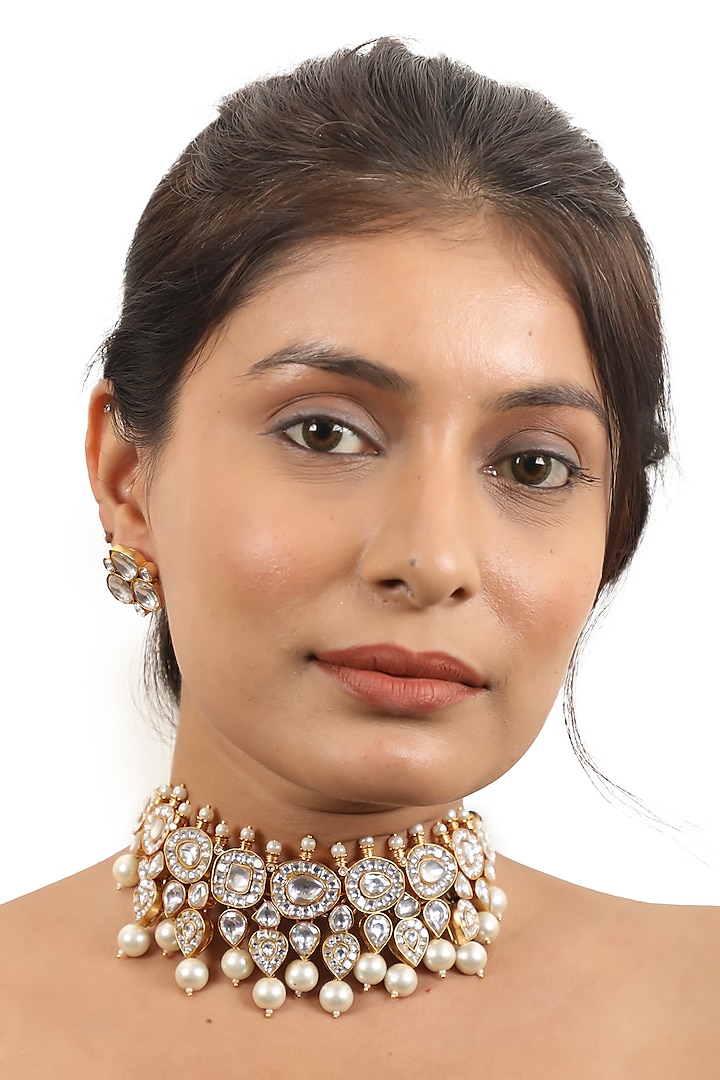 Gold Plated Pearl & Jadtar Stone Choker Necklace Set by Riana Jewellery