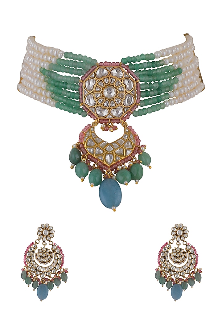 Gold Plated Pearl & Jadtar Stone Choker Necklace Set by Riana Jewellery at Pernia's Pop Up Shop