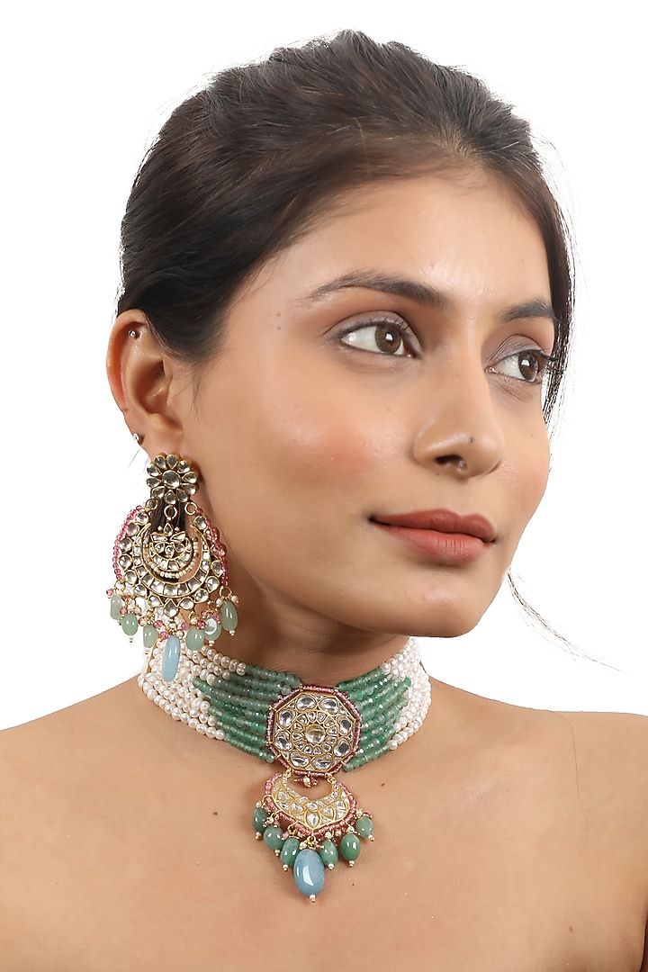 Gold Plated Pearl & Jadtar Stone Choker Necklace Set by Riana Jewellery at Pernia's Pop Up Shop