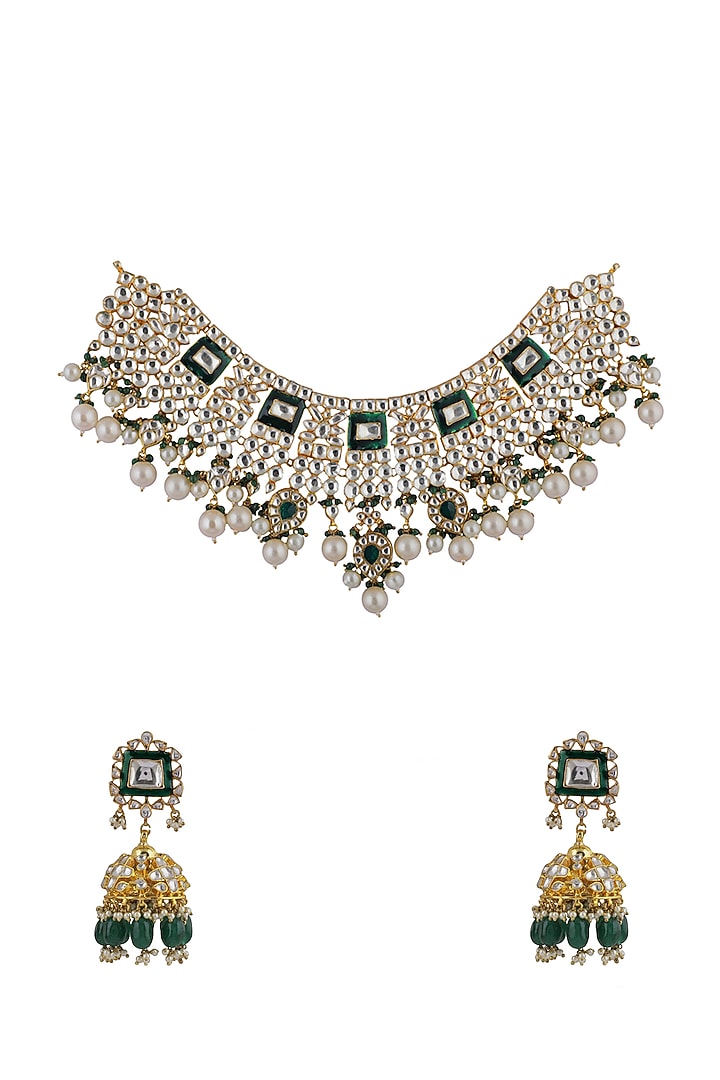 Gold Plated Pearl & Jadtar Stone Necklace Set by Riana Jewellery at Pernia's Pop Up Shop