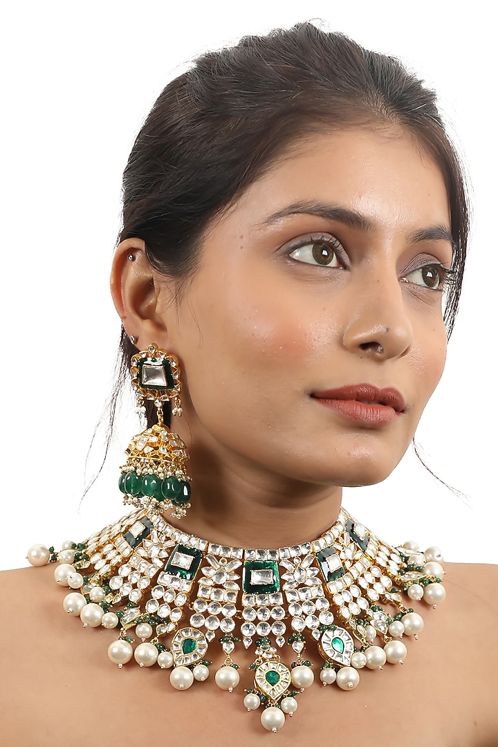 Gold Plated Pearl & Jadtar Stone Necklace Set by Riana Jewellery at Pernia's Pop Up Shop