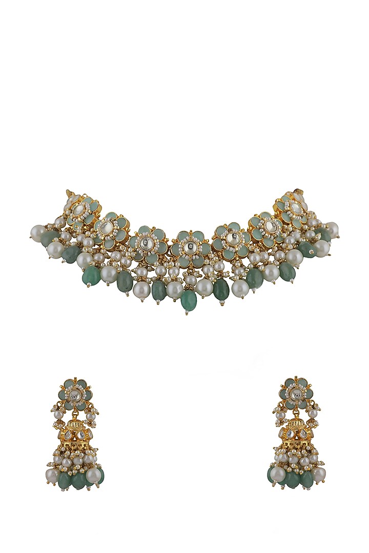 Gold Plated Sea Green Beaded & Pearl Floral Necklace Set by Riana Jewellery at Pernia's Pop Up Shop