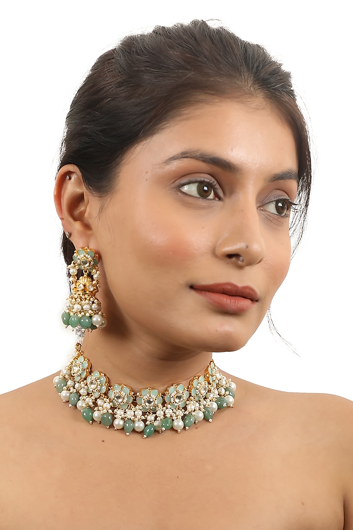 Gold Plated Sea Green Beaded & Pearl Floral Necklace Set by Riana Jewellery at Pernia's Pop Up Shop