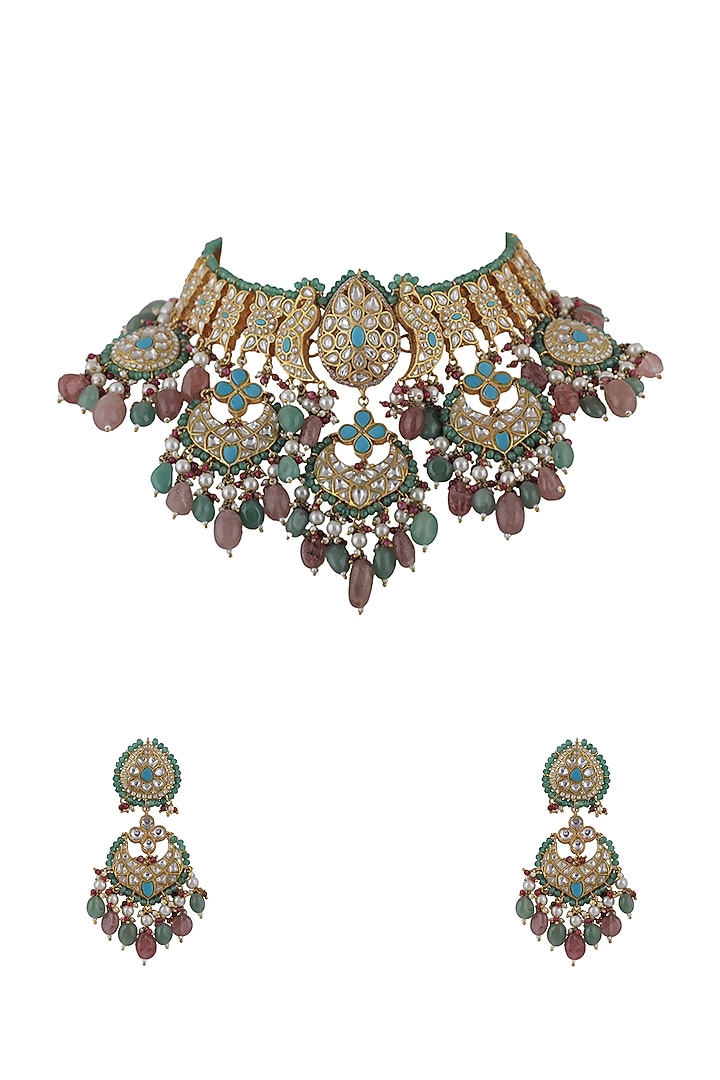 Gold Pleated White Jadtar Stone & Pearl Choker Necklace Set by Riana Jewellery at Pernia's Pop Up Shop