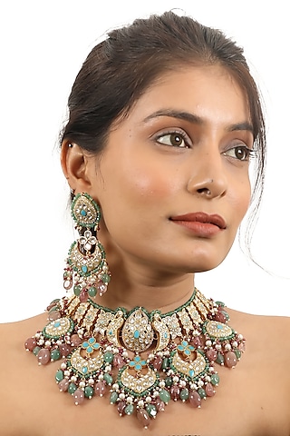 Gold Pleated White Jadtar Stone & Pearl Choker Necklace Set by Riana Jewellery